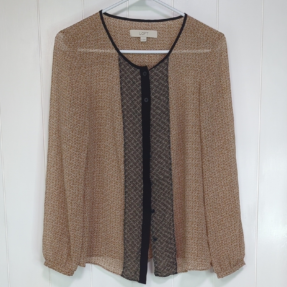 LOFT Women's Brown Sheer Button-Down Top